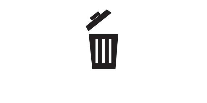 Simple black trash can icon with an open tilted lid representing deletion and disposal. vector