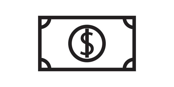 Minimalist black outline icon of a rectangular dollar banknote with a central currency symbol. vector
