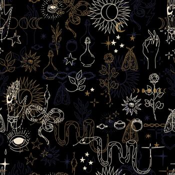 Seamless golden pattern in tattoo style on black background. Magical and esoteric symbols with an overlay effect. illustration. vector