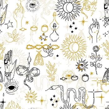 Seamless golden pattern in tattoo style on white background. Magical and esoteric symbols with an overlay effect. illustration. vector