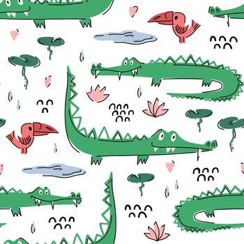 Colorful alligator and bird pattern design vector