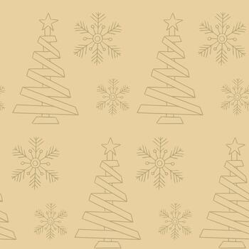A minimal repeating pattern with stylized ribbon Christmas trees and delicate snowflakes creates a soft festive background. The concept represents eco wrapping, holiday decoration and winter design vector