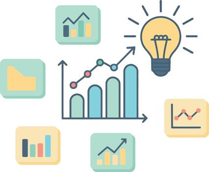 negocio crecimiento análisis y idea Generacion concepto con cartas y bombilla grafico vector