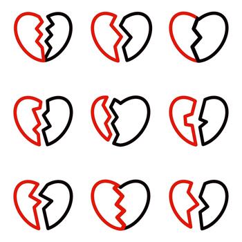 A broken heart made up of two halves, red and black, in outline style. vector