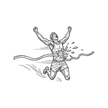 Dynamic athlete triumphantly breaks through finish line ribbon with explosive energy and speed vector