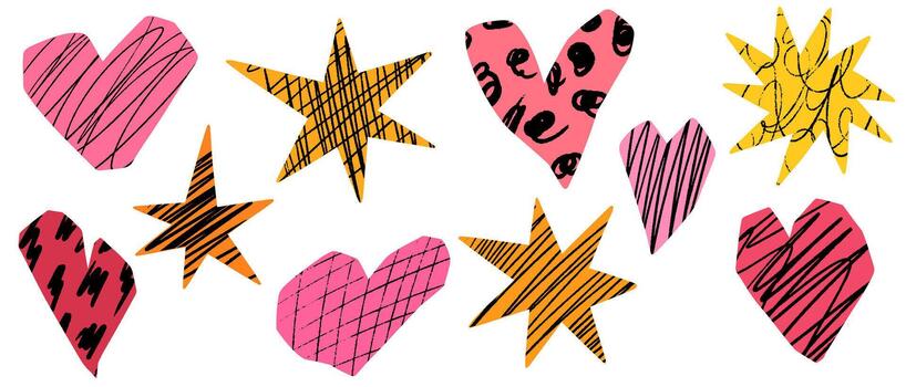 Cut out heart and stars shapes with crayon scribble patterns. Playful irregular collage paper hearts. abstract shapes with torn edges and hand drawn doodle pencil patterns for scrapbooking vector