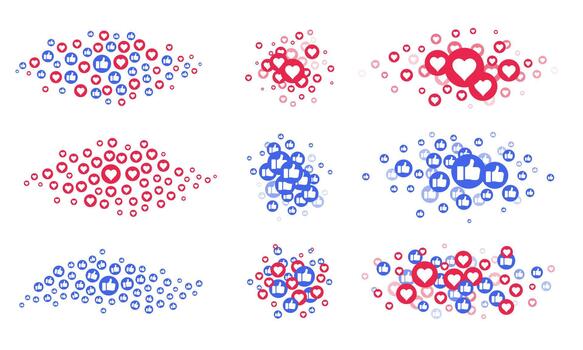 Social media like emoji with blue thumb up icon for reaction frame and red flying heart. Live stream background, share button. Marketing banner, web communication concept vector