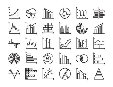 línea grafico y gráfico iconos grafico, bar gráfico y tarta diagrama, datos analítica y negocio infografía elementos. estadística información visualización y reporte grafico conjunto vector