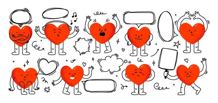 Doodle frames with heart mascot. Cartoon heart characters with speech bubble, hand drawn love symbols and message boxes, cute hearts mascots with quotation and thinking clouds set vector