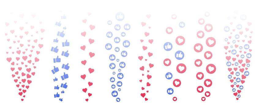 Flying heart and thumb up emoji for live stream with love and social media reaction. set red round icons and chat bubbles for or network background. Post comment, UI element vector