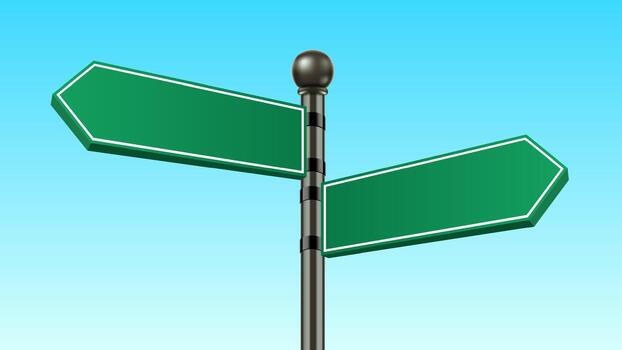 Realistic 3d road sign. Signage for street traffic with pole and green arrows. illustration for highway travel and directional guidance with blank board. Navigation template, city pointer vector