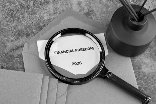 financiero libertad es visto mediante un aumentador vaso con año 2026, descansando en sobres cerca un difusor, todas metido en un gris superficie foto