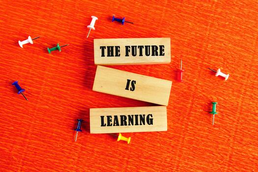 Concept of Intelligence, science and mind. THE FUTURE IS LEARNING assembled from wooden blocks in a composition with stationery pins on an orange provocative background, top view photo