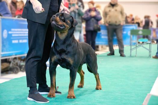 A Rottweiler dog in a rack next to a man at a dog show photo
