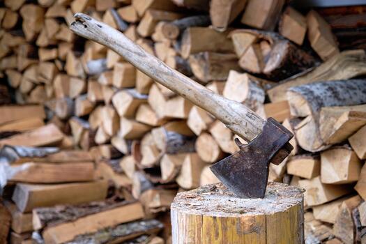 An axe in a block against the background of chopped firewood stacked in a pile photo