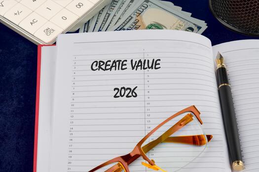 Notepad open to create value with the year 2026 written below. Nearby, there are cash bills, reading glasses, and a fountain pen resting on a stylish desk photo