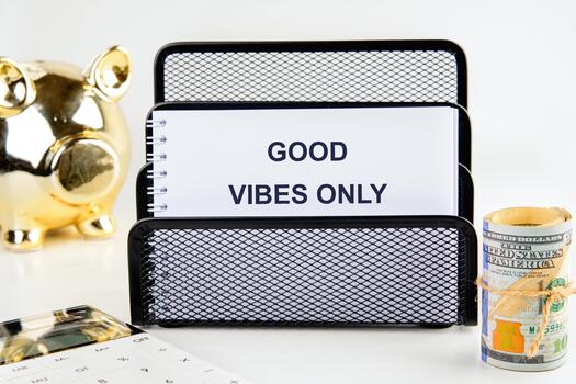 A creative workspace showcases a message of good vibes only. A piggy bank stands beside a notebook holding an uplifting reminder, encouraging a positive atmosphere for productivity photo