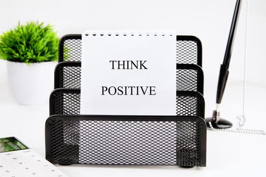 A tidy workspace includes a black mesh organizer with a think positive note, a small plant, and a pen, creating a cheerful, productive atmosphere photo