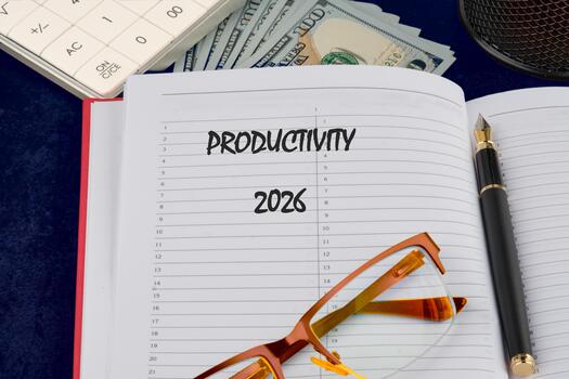A date book is open to the year 2026 with productivity written on the page. There is money, a calculator, glasses, and a fountain pen on the table photo