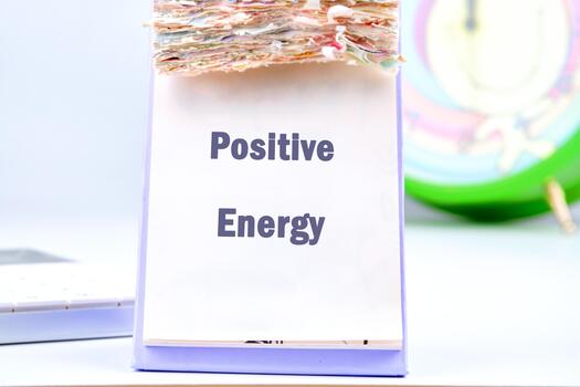 A desk calendar displays the words Positive Energy. There is a clock in the background and a keyboard is next to the calendar, suggesting a productive and optimistic workspace photo