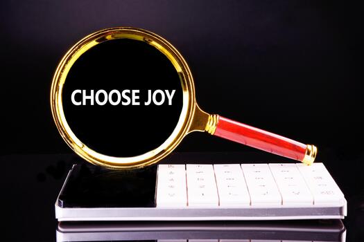 A magnifying glass focuses on the words CHOOSE JOY, which rest on a modern keyboard. Light reflects off the surface. It is a reminder to look for what brings you happiness photo