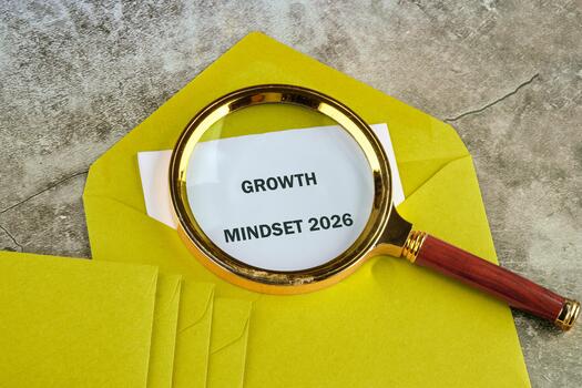 A magnifying glass rests upon an open golden envelope, revealing a card with Growth Mindset 2026 printed on it. Envelopes and grey texture create a visual concept photo