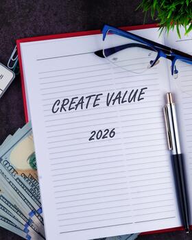 Open notebook with lines displays Create Value and 2026, resting beside money, glasses, and a pen. Greenery and office supplies subtly add to the scene photo