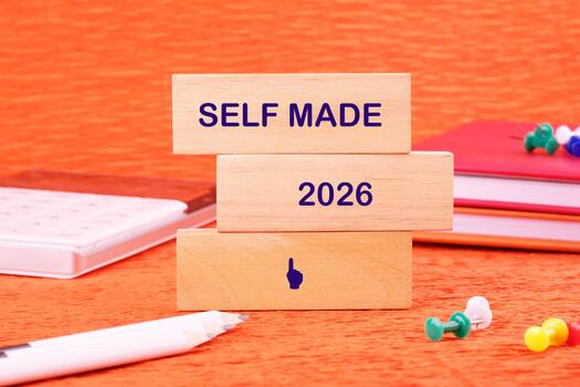 Wooden blocks are stacked, showing Self Made on one, 2026 on another, and a pointing finger. A pencil, push pins, and notebooks sit on an orange surface photo