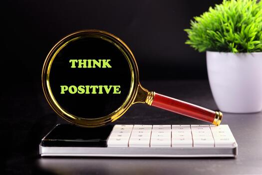 Magnifying glass rests on a white keyboard, focusing on the phrase Think Positive that is amplified within the lens. A small green plant is visible in the background photo