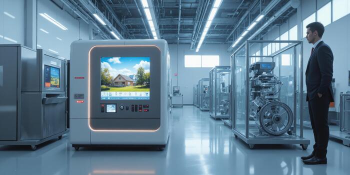 Smart home automation product factory with automated assembly lines, glass walls, and soft LED lighting illuminating the modern, clean environment. photo