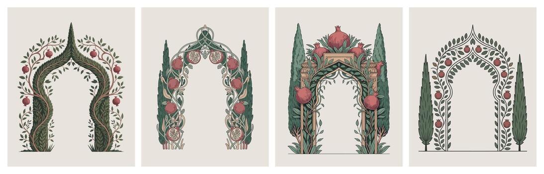 Mughal Arch Designs with Floral and Pomegranate Patterns vector