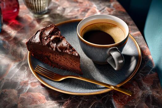 A slice of chocolate cake sits on a plate next to a steaming cup of coffee, placed on a beautifully patterned table in a warm and inviting cafe atmosphere photo