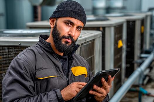 A technician stands near large cooling units, focused on his tablet. He wears a black beanie and work gear, analyzing data in a busy mechanical environment during the day photo