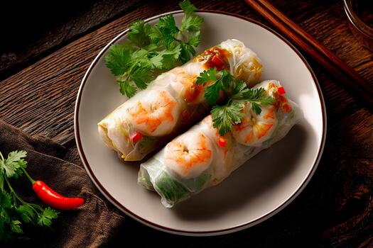 Two fresh shrimp spring rolls are arranged neatly on a white plate, garnished with cilantro and served with a spicy sauce. The setting features a rustic wooden table photo