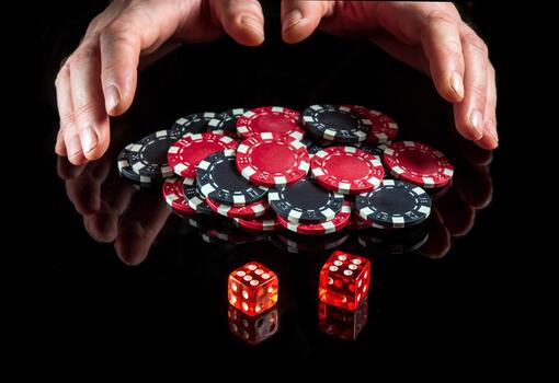 The dice with the maximum winning combination of twelve in Craps on the black table and the hands take the chips from the win photo