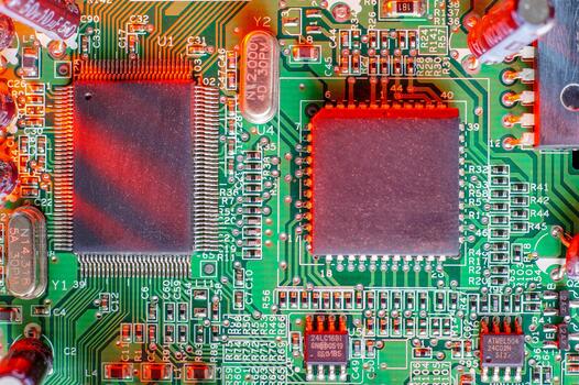 electrónico tablero componentes, tarjeta madre digital chip. tecnología Ciencias antecedentes. ai foto