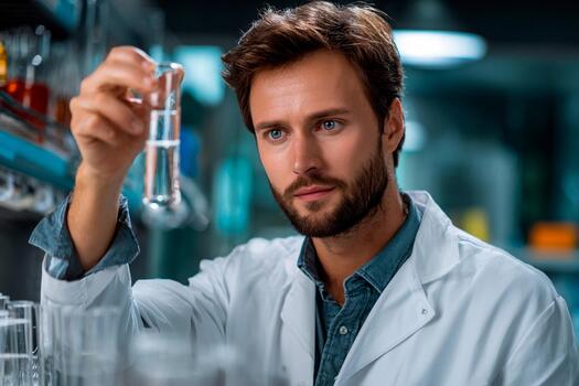 A researcher in a white lab coat studies a test tube containing a clear liquid in a modern laboratory. The setting is illuminated with soft lighting, enhancing the focus on the scientific process photo