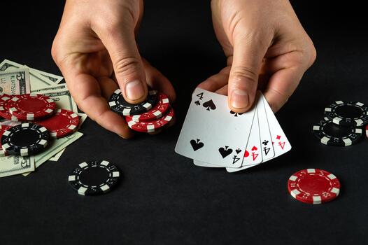 Success in winning in the hands of a player at a black table in a poker club with a combination four of a kind or quads photo