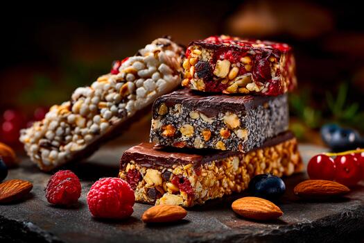 A selection of energy bars made with nuts and dried fruits rests on a dark slate surface. Fresh raspberries and almonds complement the arrangement, creating a tempting healthy snack photo