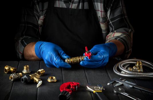 Plumber connects brass fittings when repairing equipment or installing gas. Close up of gloved hands of foreman while working in workshop. photo