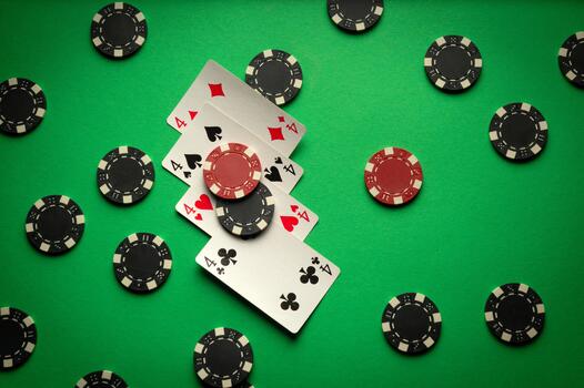 Concept of a successful poker game with a winning combination of three of a four of a kind or quads. Playing cards and chips on a green table in a club photo