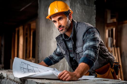 A construction worker in a hard hat studies blueprints spread out on a concrete structure. The setting is a building site with wooden beams visible in the background photo