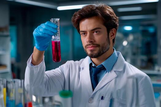 A scientist wearing a lab coat and gloves explores the properties of a vibrant red liquid in a test tube. The high-tech laboratory is busy with various experiments photo