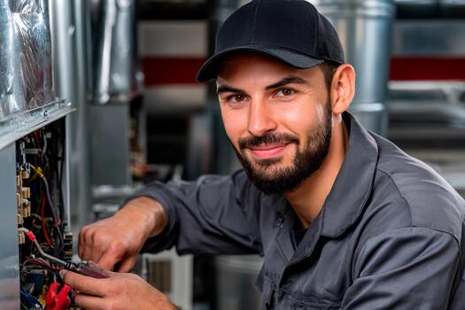un experto electricista es reparando circuito conexiones en un taller. él se enfoca en su tarea mientras vistiendo un gorra y trabajo uniforme, exhibiendo su pericia y confianza foto