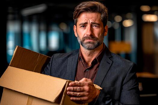 A man in formal attire holds an empty cardboard box in a modern office. His expression shows concern and reflection, suggesting a moment of change or disappointment photo