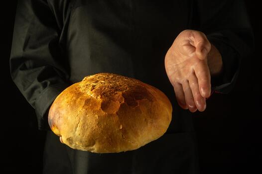 Presentation of round wheat bread in the hands of a cook. The concept of baking bread at home. Place for recipe or menu on black background photo