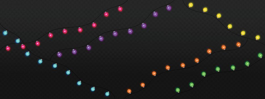 ondulado hebras de minúsculo de colores bombillas juguetón ritmo de ligero a través de un oscuro fondo vector