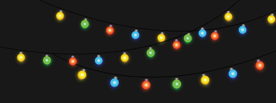 Triple strand multicolor bulbs hang in soft arcs lively festival lights with rich bokeh vector