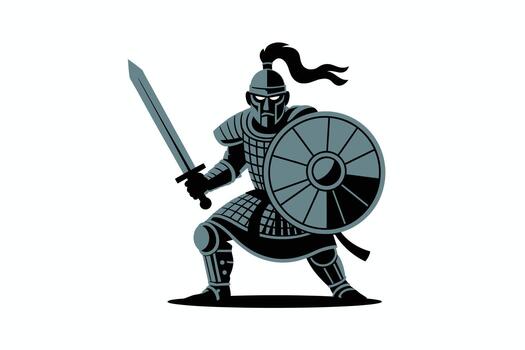 Ancient Warrior Stance Character with Sword, Shield, and Armor Ready for Battle in Illustration on White Background for Fantasy Concept vector