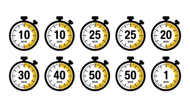Temporizador íconos conjunto cuenta regresiva cronógrafo con 10, 20, 25, 30, 40, 50 minutos, útil para hora administración vector
